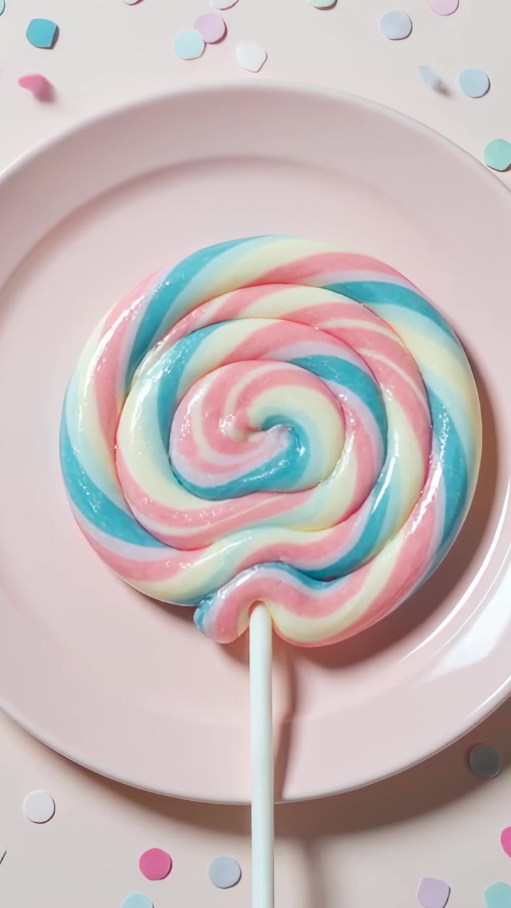 Verticale video: Vallende confetti zweeft over roze bord, daalt neer op de rand van het bord rond een lolly.