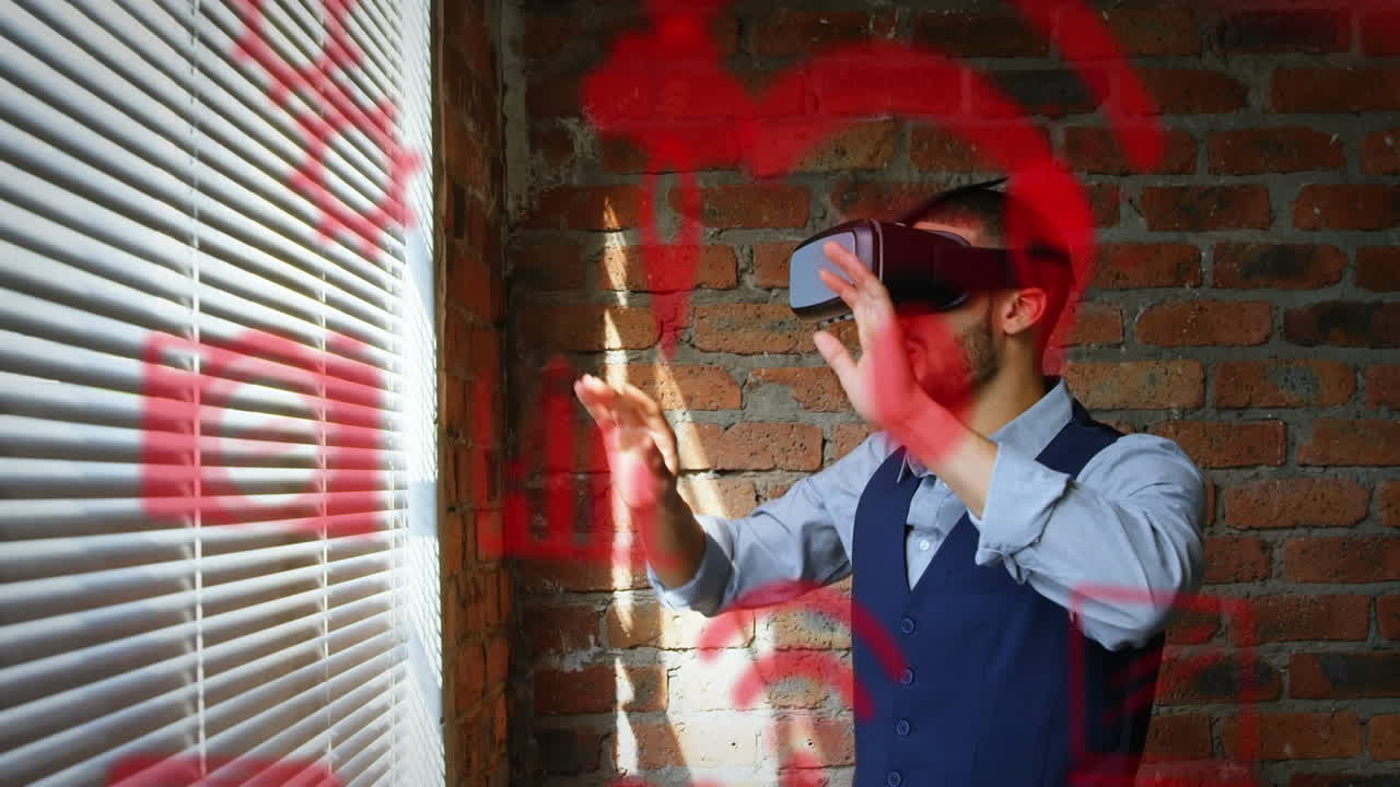 vr 헤드을 사용하는 백인 사업가에 대한 미디어 아이콘의 애니메이션