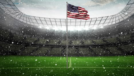 american flag with falling snow in stadium video