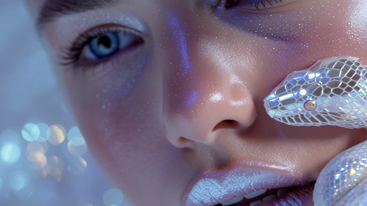 Riprese in primissimo piano di una donna con pelle scintillante di glitter e labbra lucide, che tiene un serpente cromato vicino al viso sotto luce al neon, concetto di moda fantascientifica