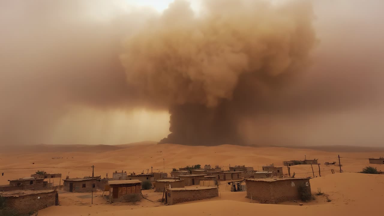 Tempesta di sabbia su un villaggio nel deserto