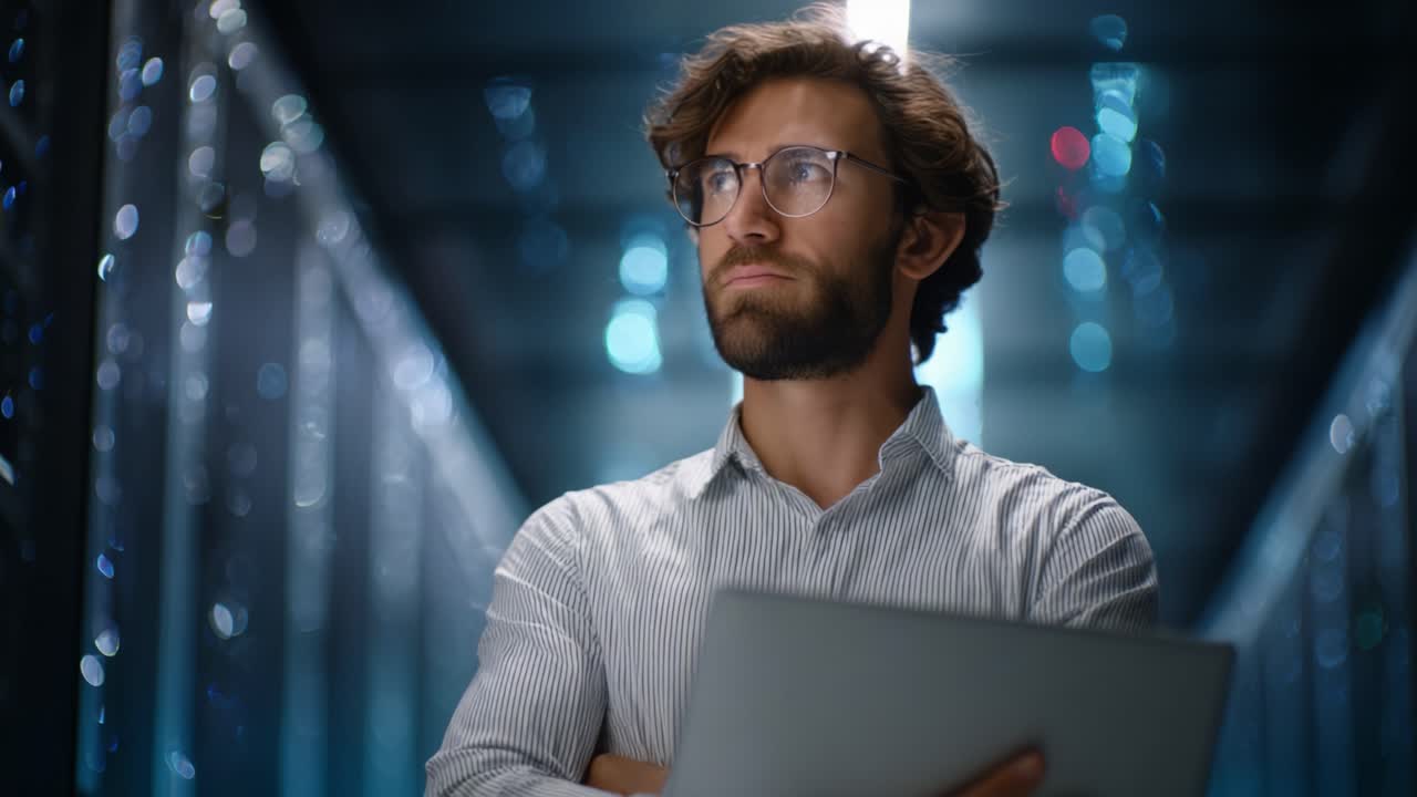 Contemplative Man with Glasses Holding Laptop in Data Center, Highlighting Technology and Innovation Amidst Server Racks and Digital Connectivity in Modern Workspace