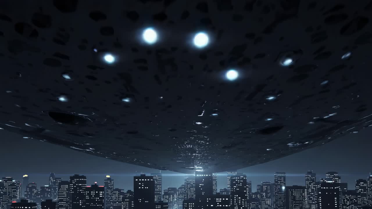 밤에 도시 위의 ufo