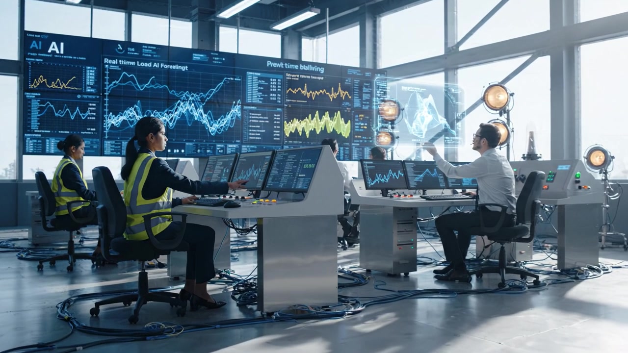 Ruang Kontrol Modern Menampilkan Teknologi Peramalan AI Canggih dengan Analis Memantau Data Real-time di Berbagai Layar dan Dasbor Interaktif