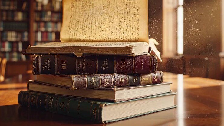 Pila di libri vintage rilegati in pelle in una biblioteca soleggiata