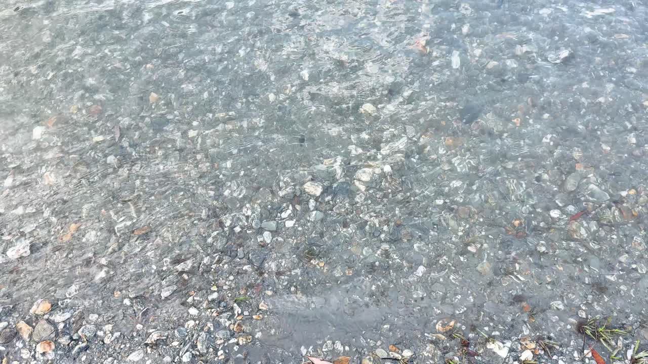 Crystal-clear lake water ripples over pebbles and rocks in soft natural daylight, static shot