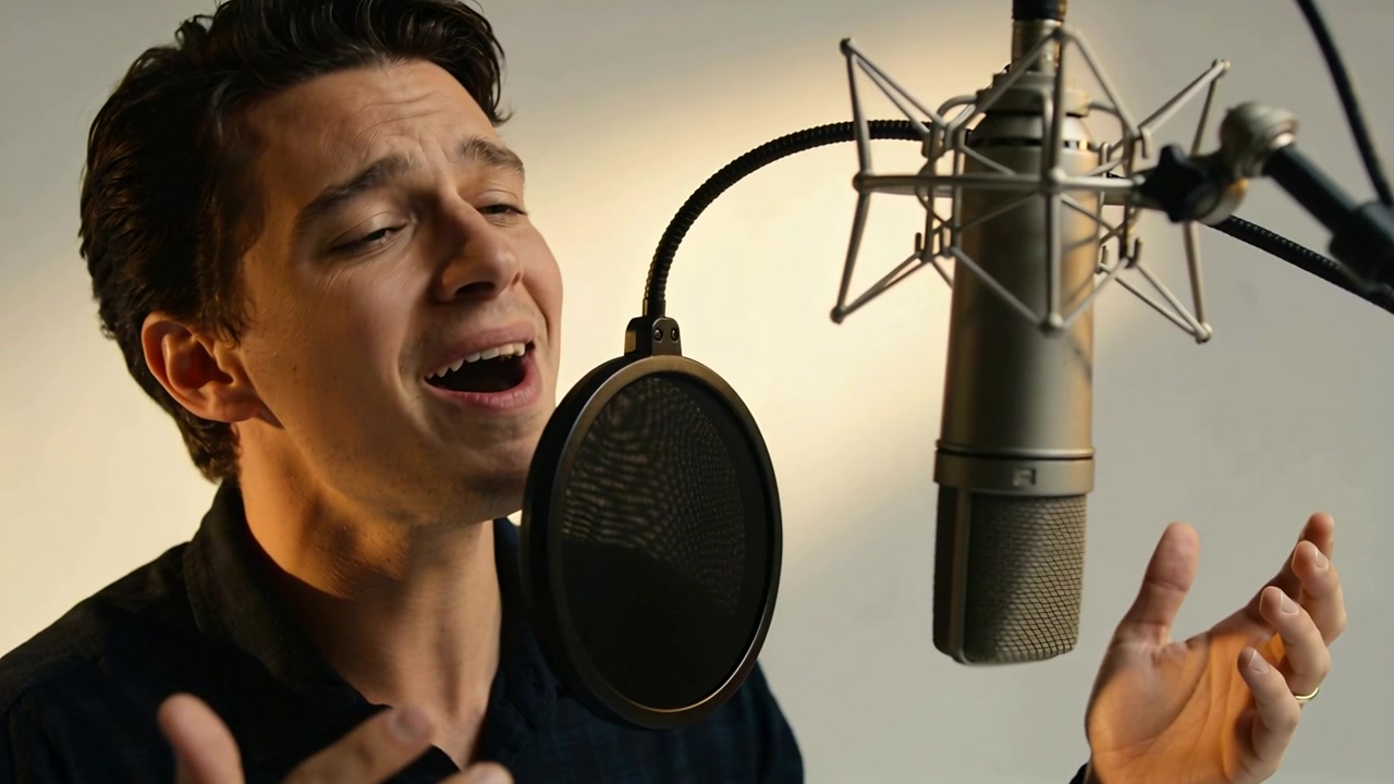 Cantante con maglietta scura che si china verso un microfono a condensatore con filtro anti-pop, mentre canta.