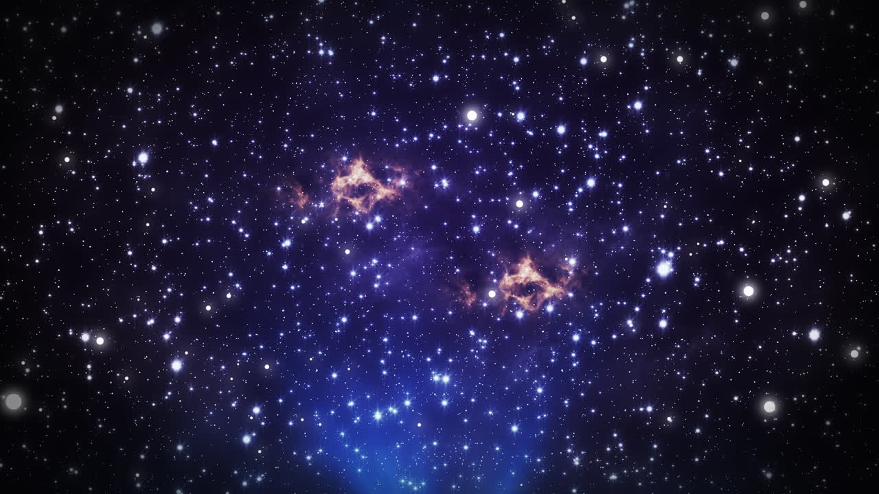Volando a través de estrellas brillantes y nebulosa azul en el espacio profundo