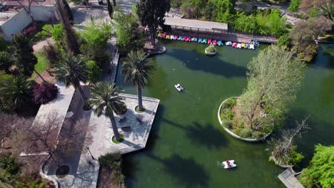 aerial view dolly in of a lagoon with pedal boats and palm trees around, sunny day