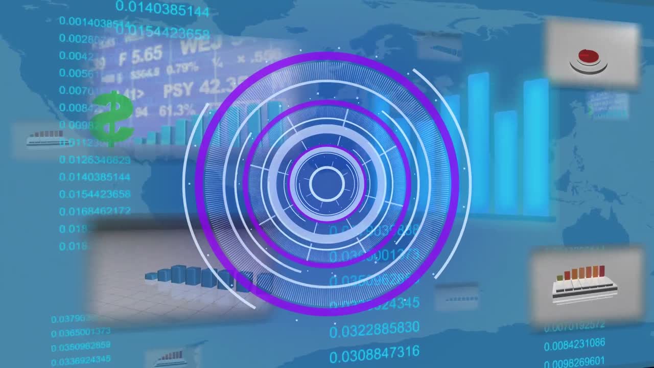 animación del escaneo del alcance sobre el procesamiento de datos y el mapa del mundo sobre fondo azul