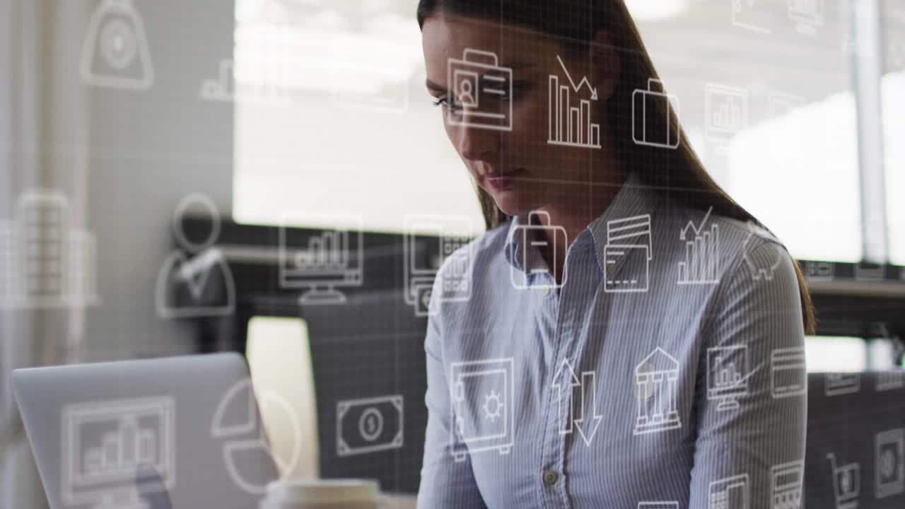 Woman placing hands on laptop, typing and checking phone for business while tech icons overlaying