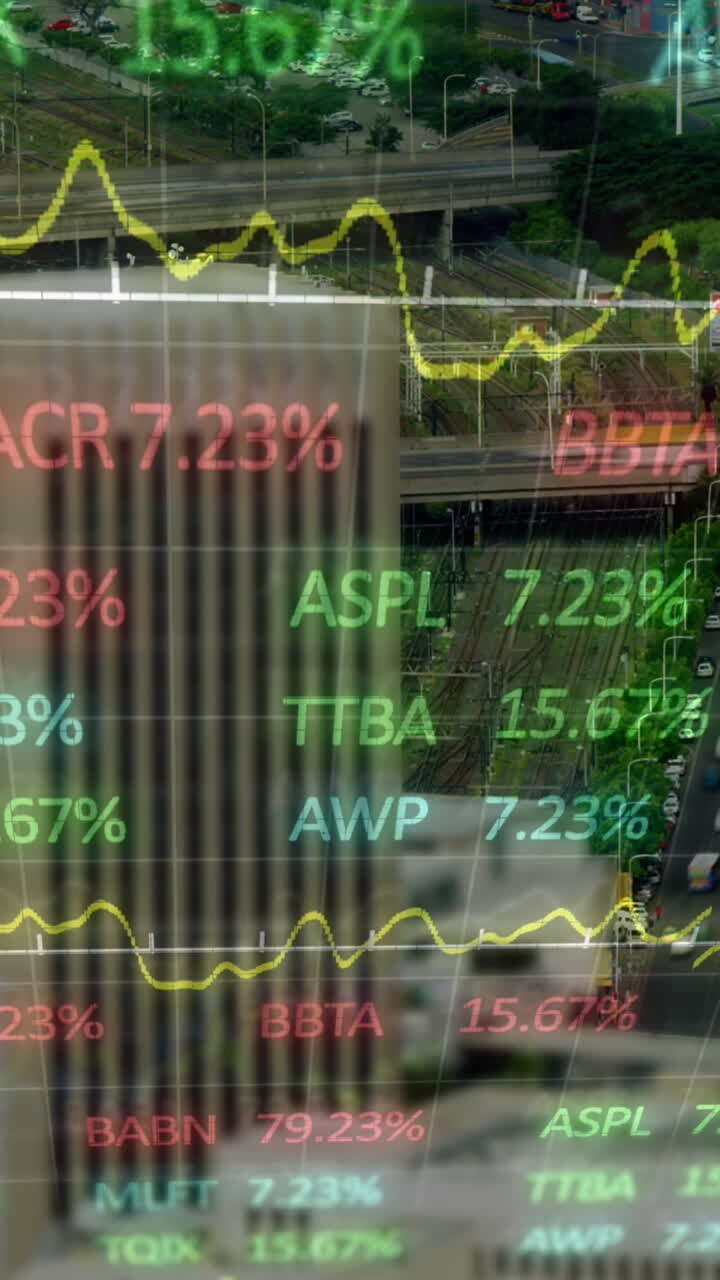 Animation of financial graphs and data over cityscape