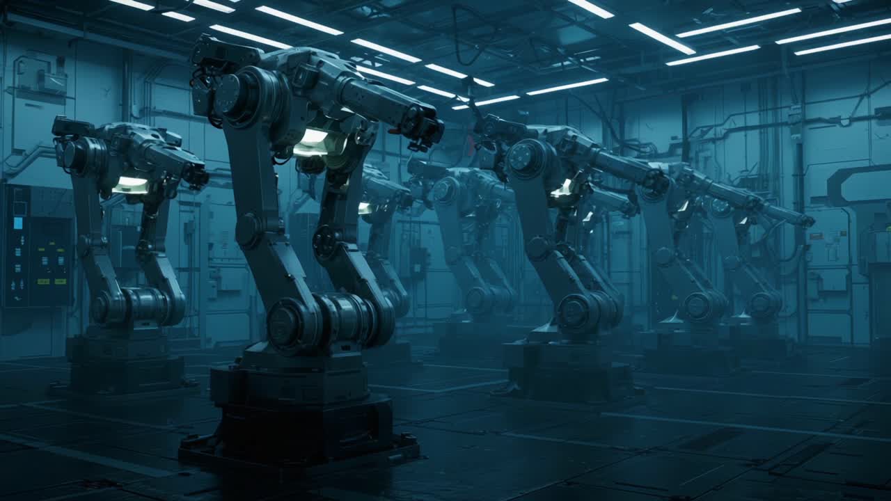 A Futuristic Industrial Scene Featuring Advanced Robotic Arms in a Dimly Lit Factory Environment, Showcasing Cutting-Edge Automation Technology and Engineering Innovation