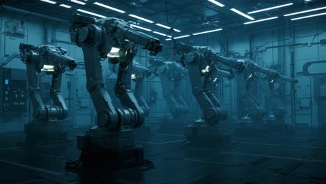 a futuristic industrial scene featuring advanced robotic arms in a dimly lit factory environment, showcasing cutting-edge automation technology and engineering innovation
