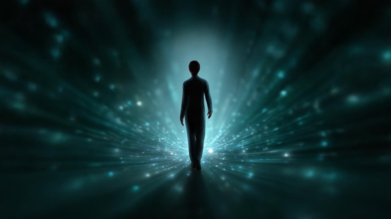 A solitary figure walks through a mesmerizing portal of light and ethereal particles, embodying a journey into a realm of wonder and infinite possibilities