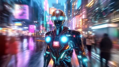 futuristic cyberpunk cityscape with robot