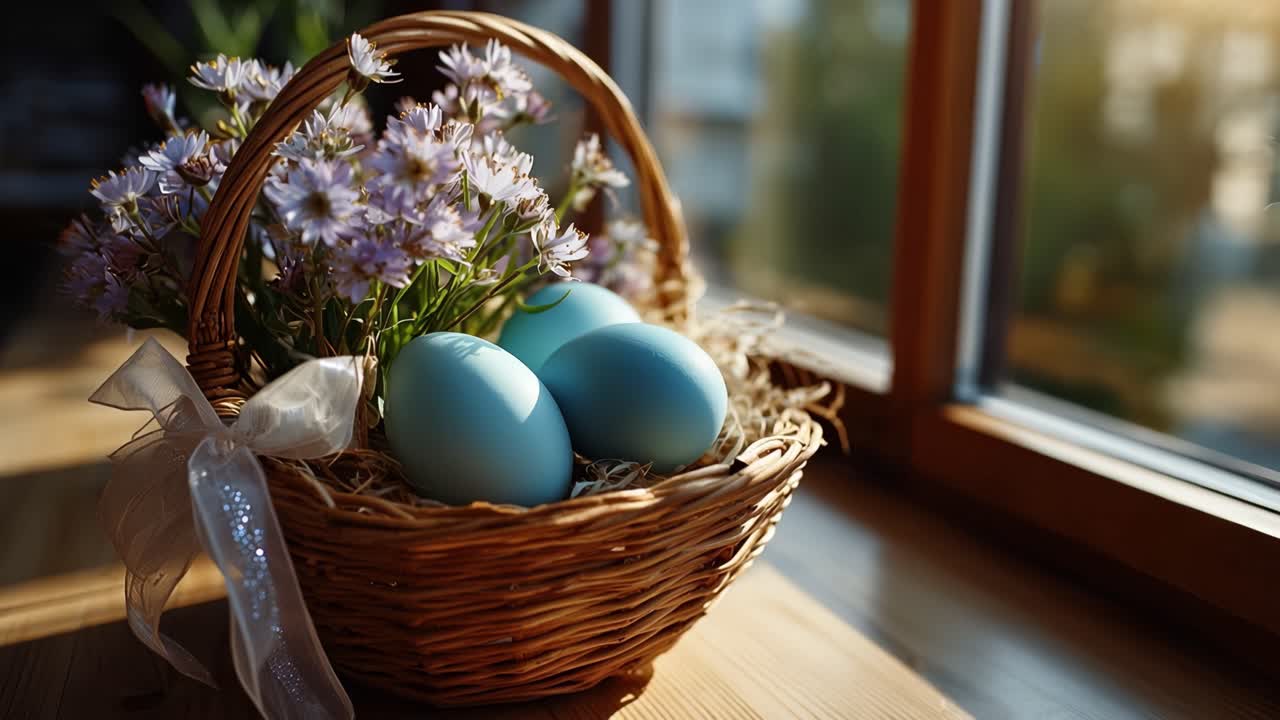 Soft light streams through a window. Woven basket holds blue eggs and wildflowers. Silky ribbon ties the basket's handle. Sunbeams highlight the eggs' gentle curve
