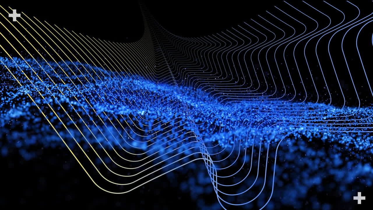 Animation of floating blue particles over parallel yellow and blue curved lines, moving on black
