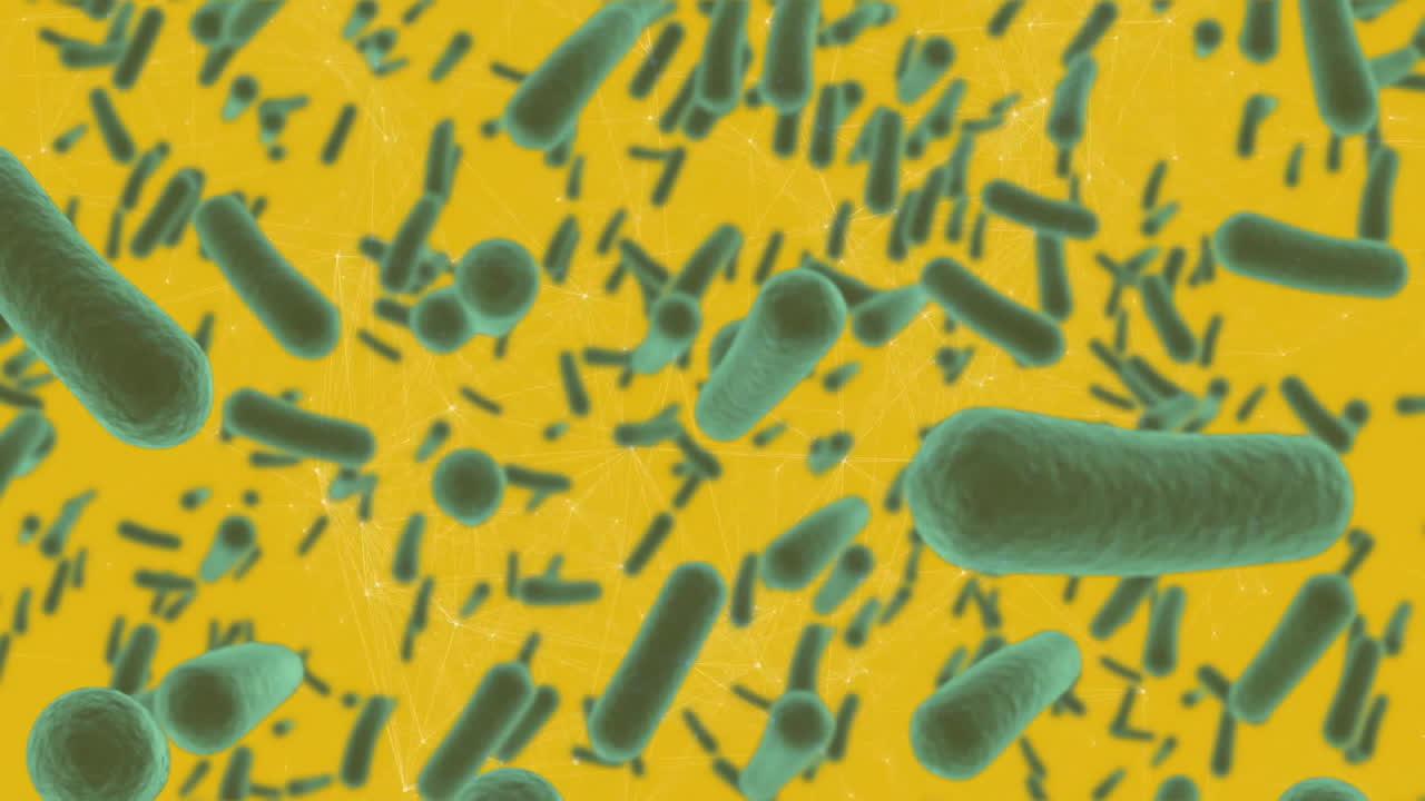 Animation of bacteria cells over shapes on yellow background