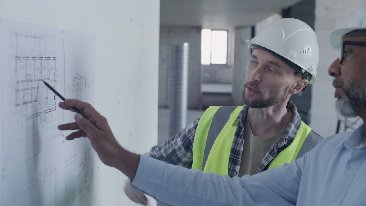 Diverse bouwers analyseren plattegronden tijdens een inspectie op de bouwplaats.