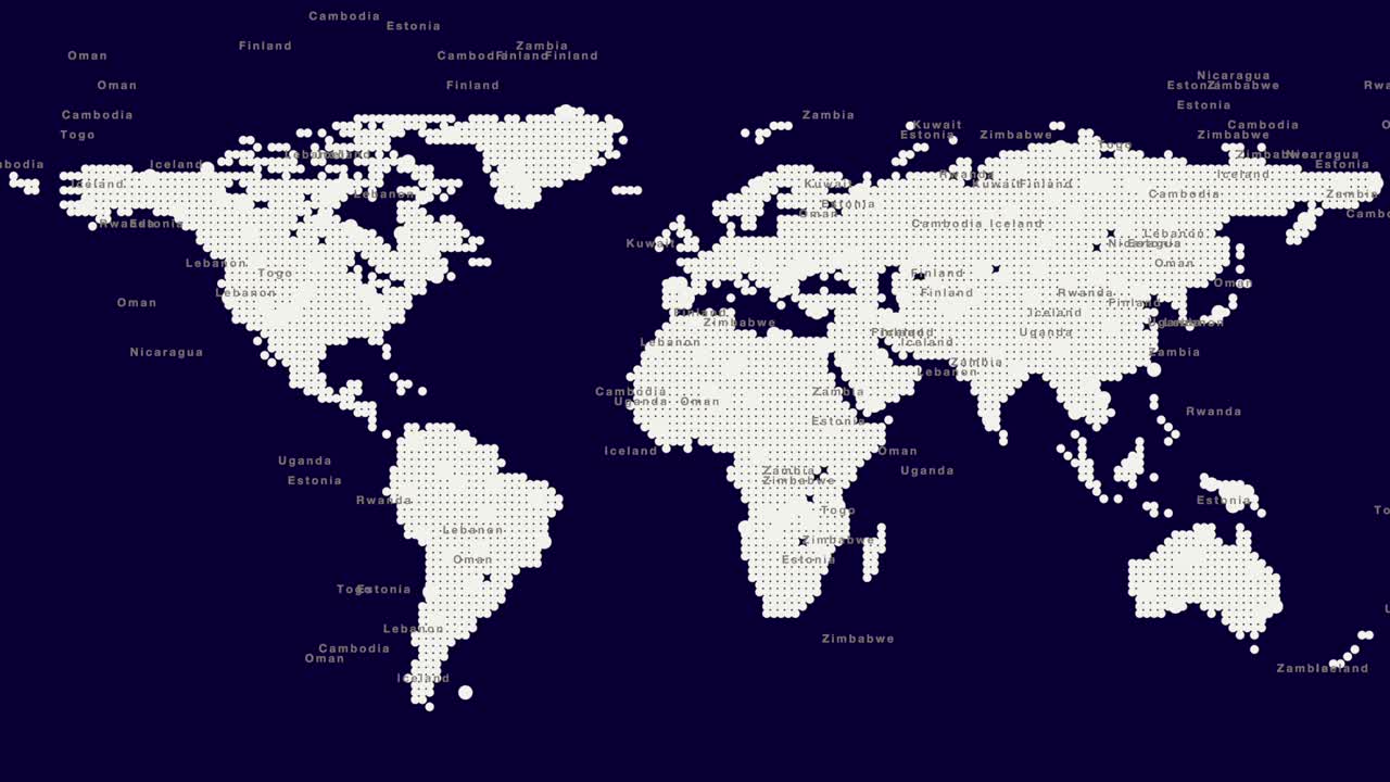 Digital pixel map of the world with country names in white
