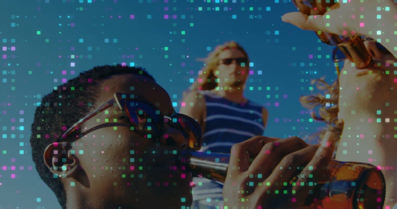 Two men clinking beer bottles with sunglasses, pixelated overlay reacting to clink for marketing