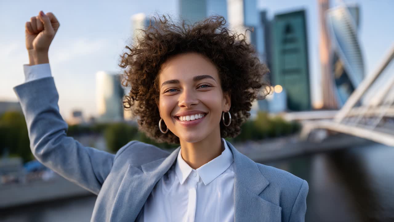 Celebração alegre do sucesso: uma pessoa dinâmica expressa triunfo em um cenário urbano moderno, irradiando confiança e felicidade em um momento fortalecedor