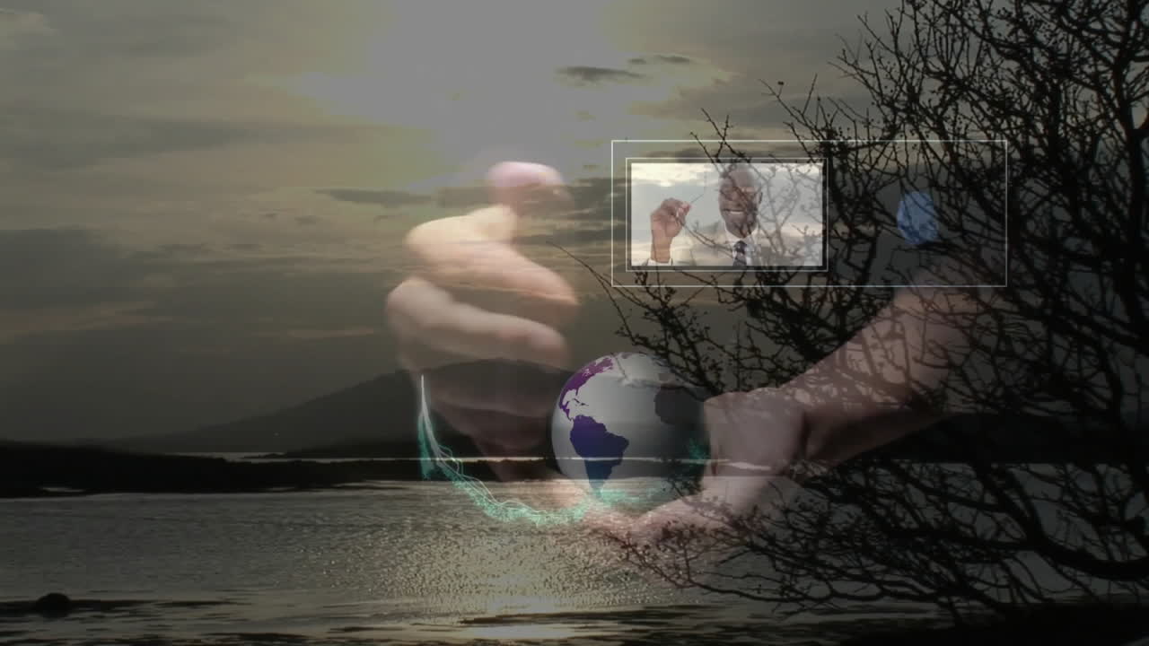 Holding globe with lightning animation over serene lake and tree branches
