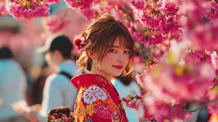 Una Giovane Donna in un Kimono Tradizionale Circondata da Vivaci Fiori di Ciliegio, Che Cattura l'Essenza della Primavera e della Bellezza Culturale in un Paesaggio Fiorito