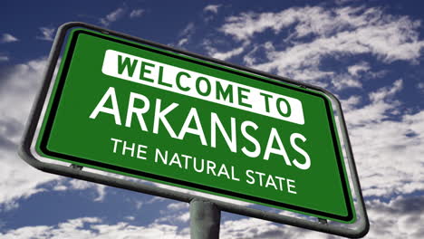 welcome to arkansas, usa road sign, the natural state nickname, realistic 3d animation