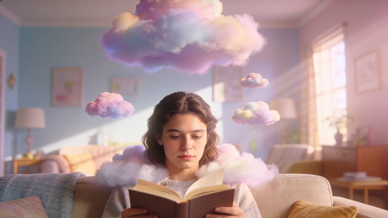 Adolescente leyendo, con un suéter, sosteniendo un libro y pasando sus páginas en el sofá, relajándose, mientras nubes de colores pastel flotan.