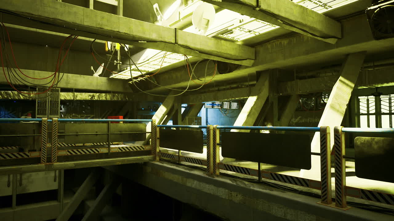 Maintenance technician surveys rail lines beneath glowing fluorescent lamps