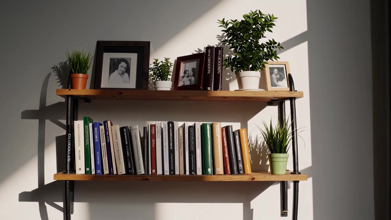 Libreria in legno con libri e piante in vaso alla luce del sole