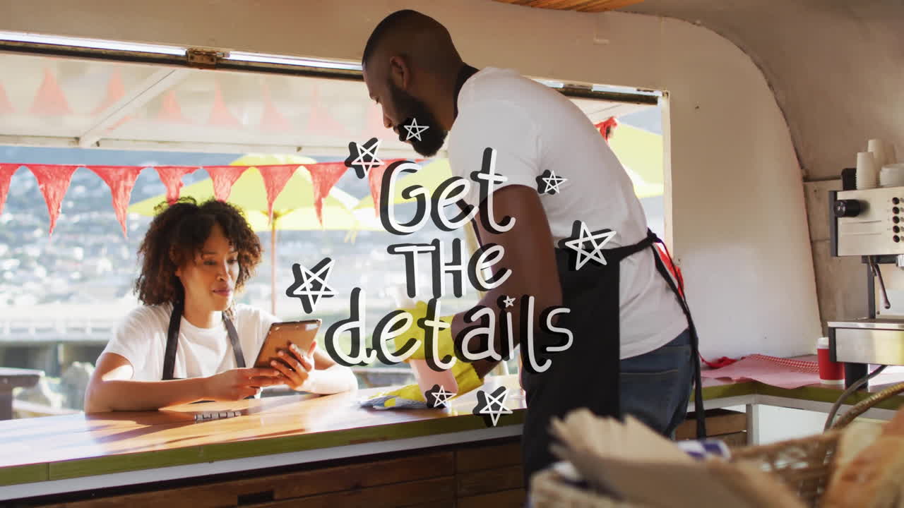 Interacting with animation of Get Details text, cafe workers smiling together