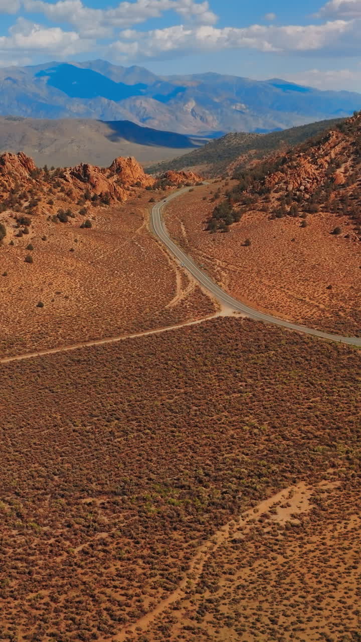 Aerial view of american desert highway. Nevada road California desert. Vertical video