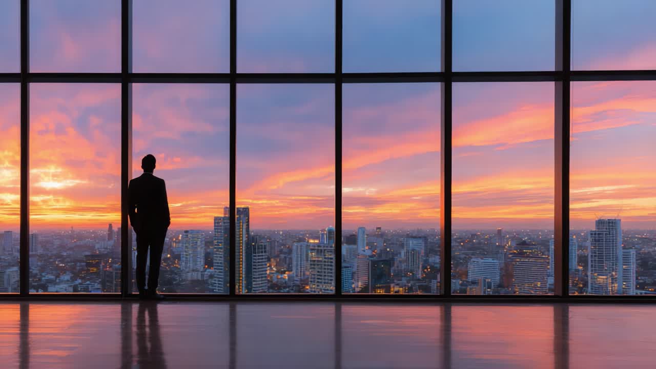 Una figura contemplativa mira a través de grandes ventanales un impresionante horizonte urbano al atardecer, mientras vibrantes tonalidades iluminan el cielo vespertino, creando un momento de reflexión y tranquilidad.