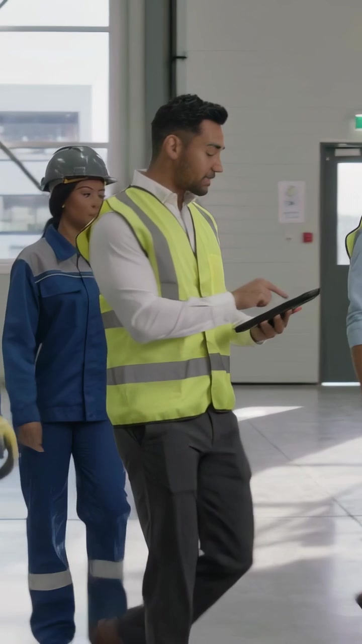 Vertical video: Tablet buzzing, lead in hi-vis walking and sharing plan in warehouse with helmet