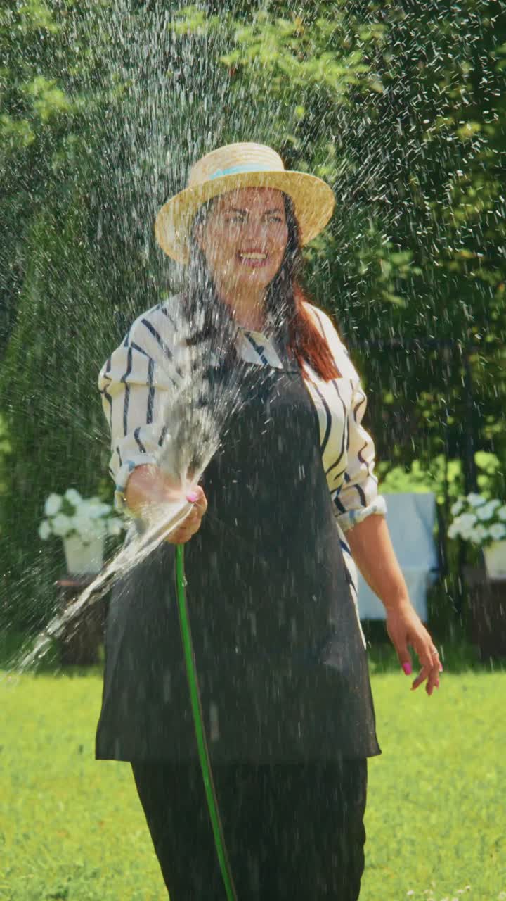 Joyful Gardener Enjoying a Sunny Day, Spraying Water Over Green Grass with a Hose, Wearing a Straw Hat and Apron in a Vibrant Backyard Setting