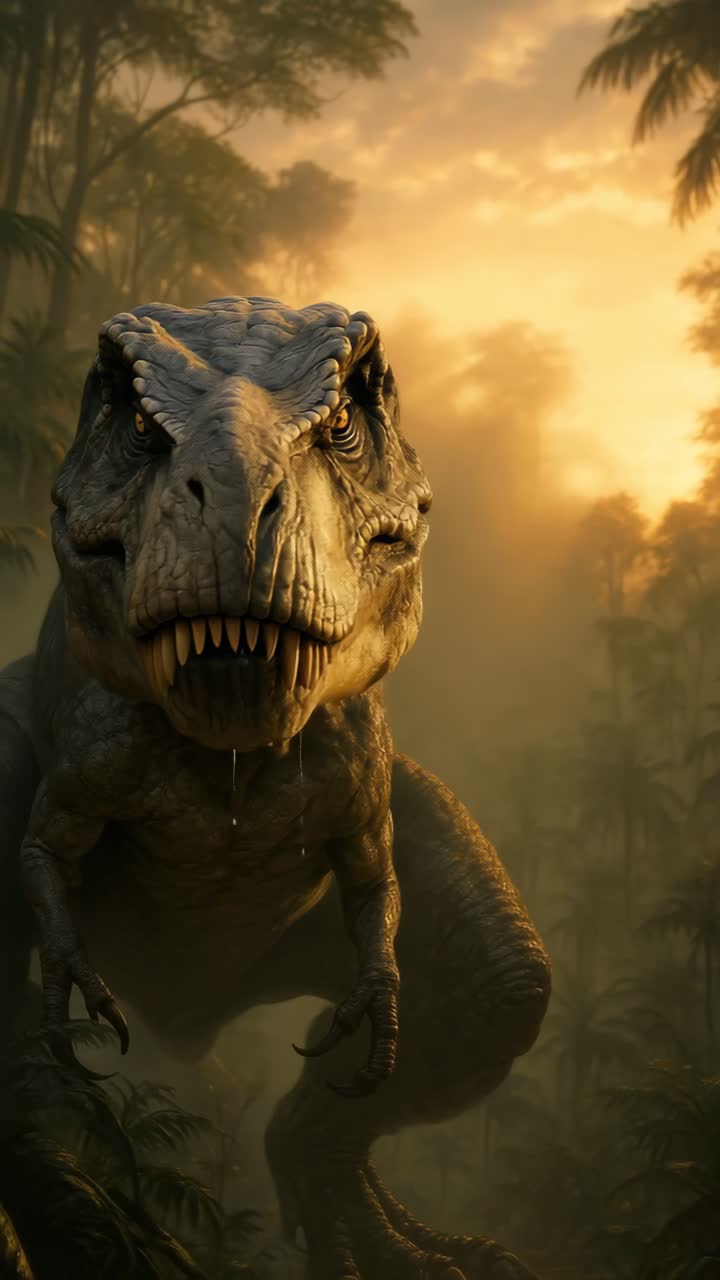 Un'inquadratura drammatica dal basso di un T-Rex ruggente in una giungla nebbiosa al tramonto, che evoca un video cinematografico