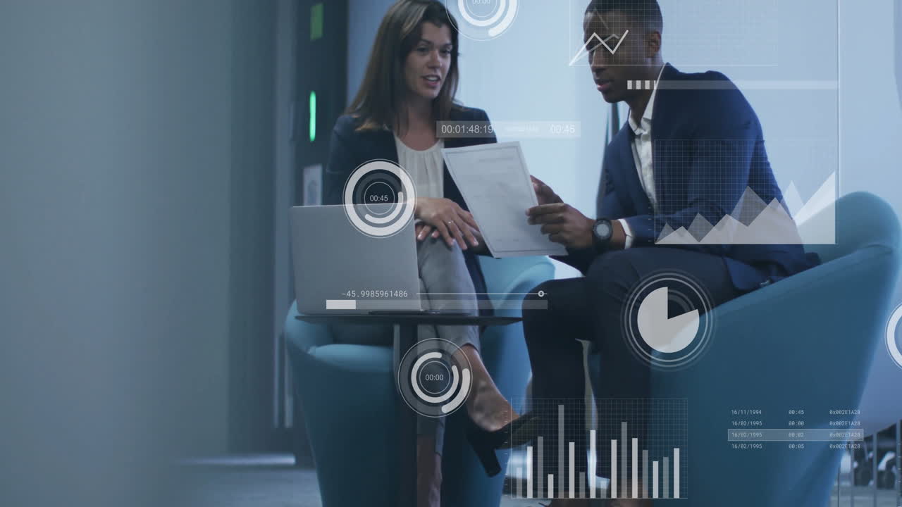 Animation of financial data processing over diverse business people in office