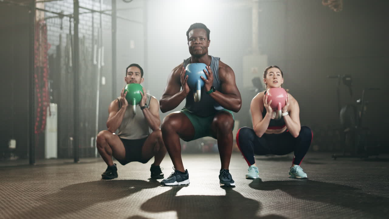gente, fitness y agacharse en el gimnasio con kettlebell