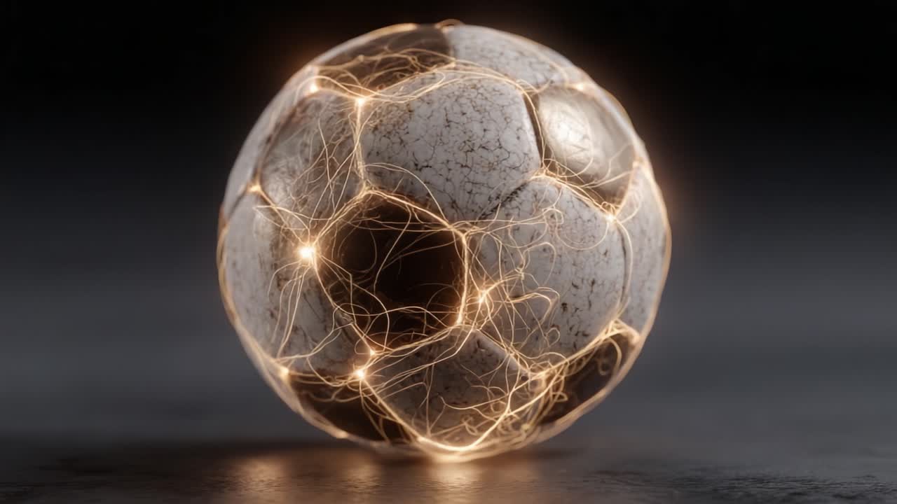 Uno sguardo accattivante a un pallone da calcio scintillante circondato da scie di luce eteree, che mostra la fusione di sport e arte in una straordinaria rappresentazione visiva