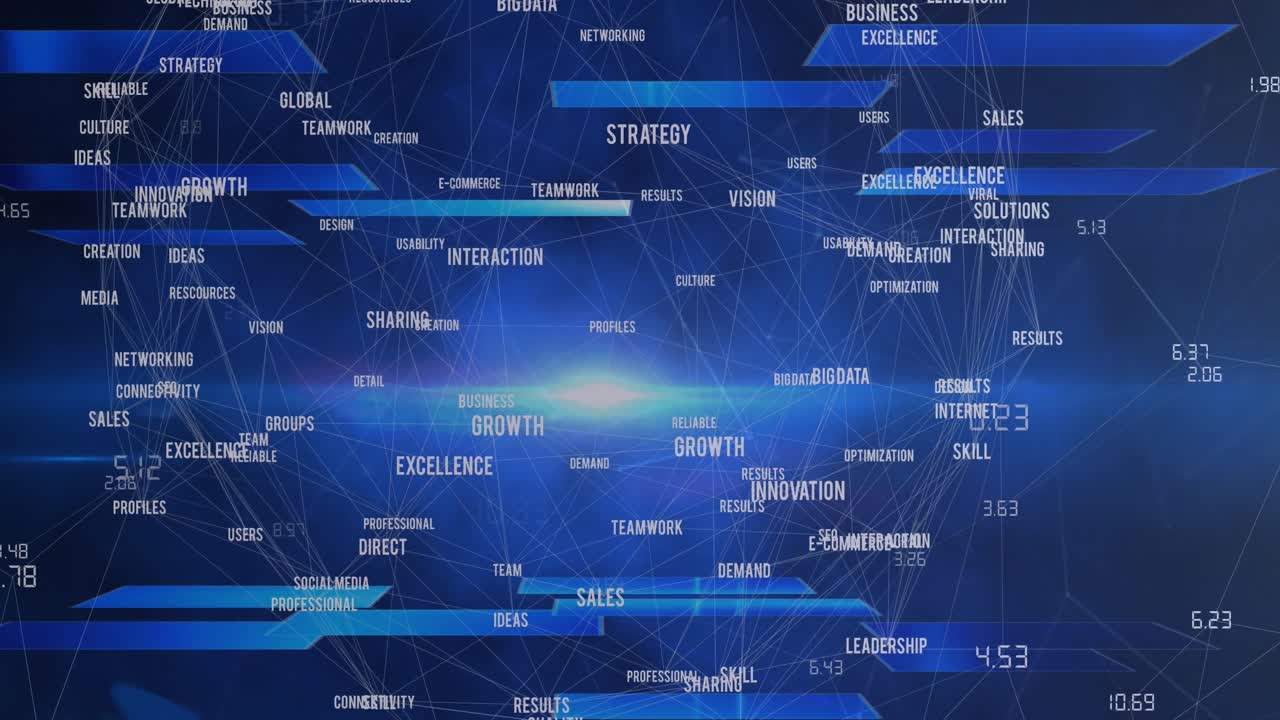 Animation of globe of business concept texts and light spot against blue background