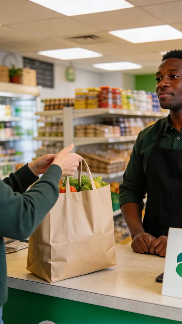 Cajero sonriente entrega una bolsa de papel para la compra a un cliente feliz