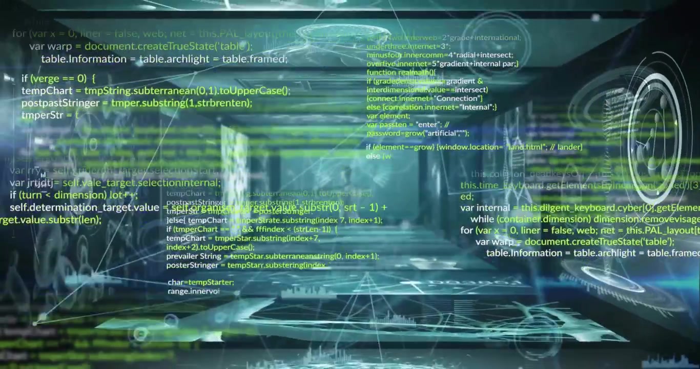 Animation of data processing and network of connections on black background