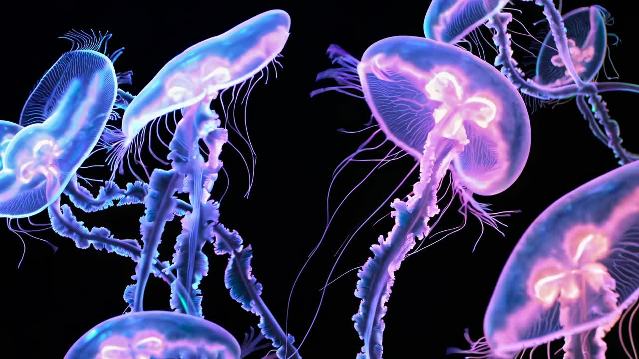 Vibrant video of glowing jellyfish in deep blue water, captured from a side angle