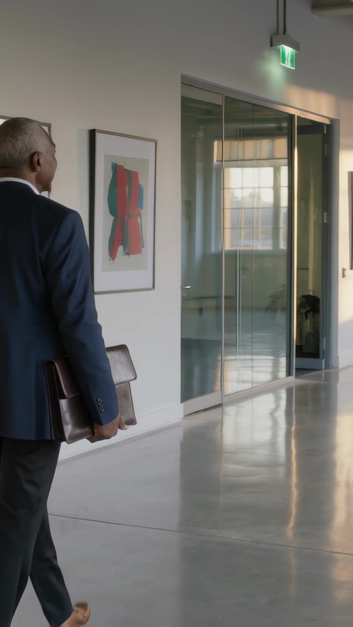 Video verticale: Entrando da sinistra, uomo in abito blu navy che cammina per l'ufficio con una cartella in pelle, spazio per il testo