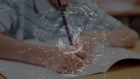 Animation-of-globe-with-network-of-connections-over-schoolboy-writing