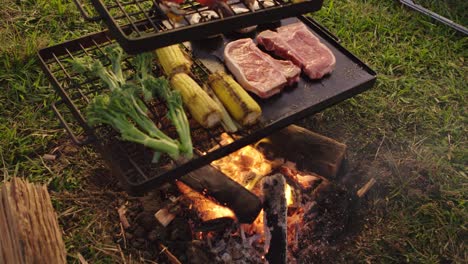 Barbacoa-De-Fogata-Abierta-Para-Cocinar-Bistec,-Verduras-Y-Brochetas-A-La-Luz-De-La-Tarde