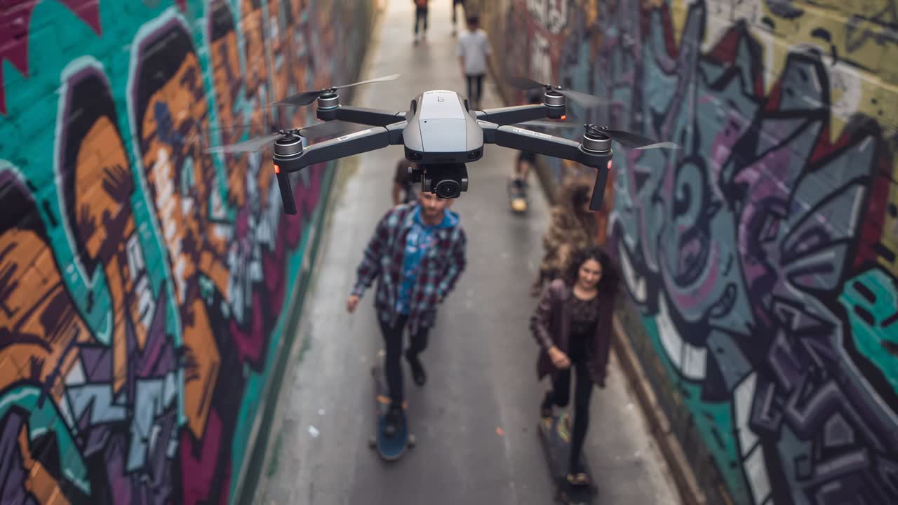 Activating camera, drone filming plaid man dark-jacket woman riding boards graffiti tunnel for clip